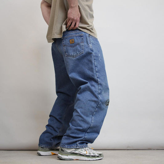 Mens Carhartt jeans W42 L30 blue thick fleece lined 90s style skater work jeans