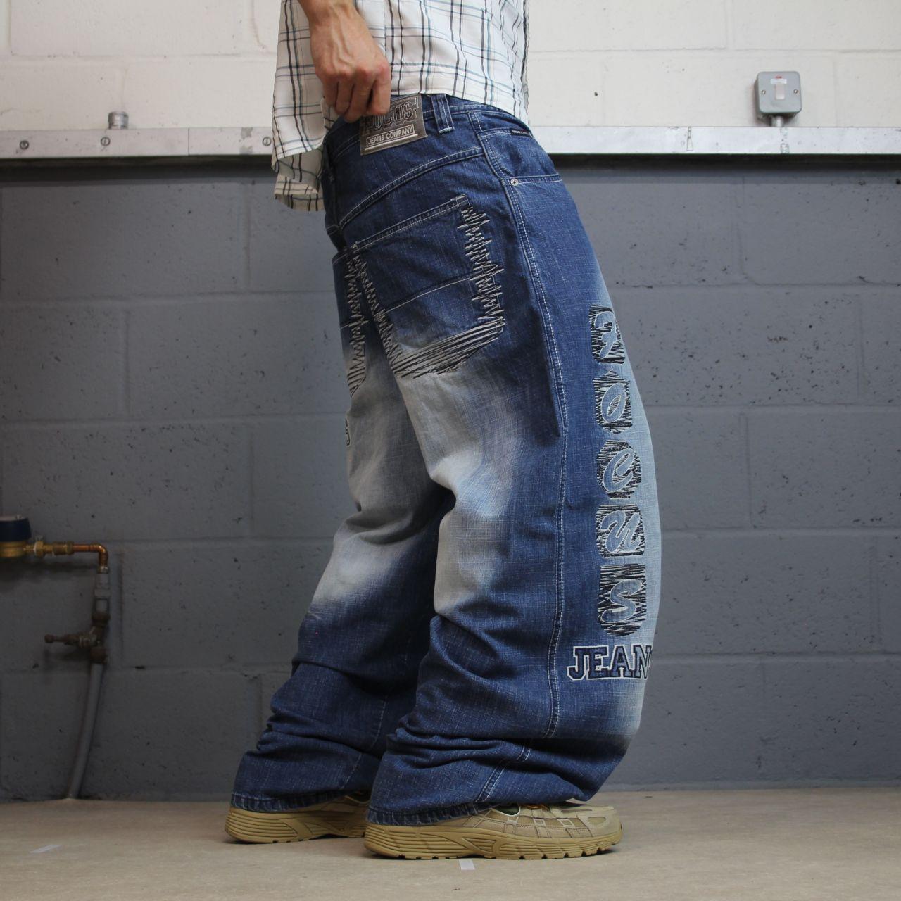 Extra baggy embroidered focus jeans y2k blue denim Loose wide leg skater surf style jeans
