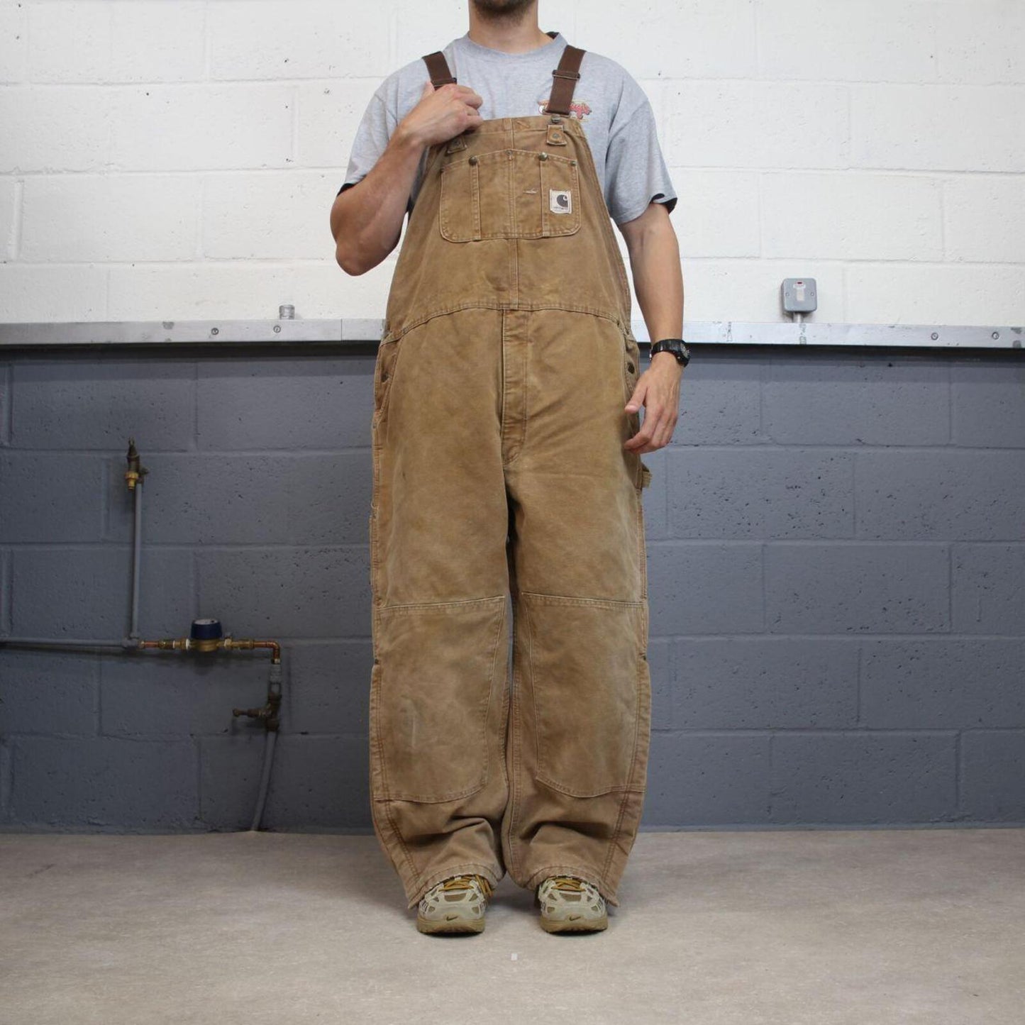 Vintage Carhartt dungarees tan brown overalls Quilted bib & brace utility workwear