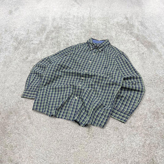 Green navy checkered Chaps technical shirt L men's long sleeve button up autumn y2k style