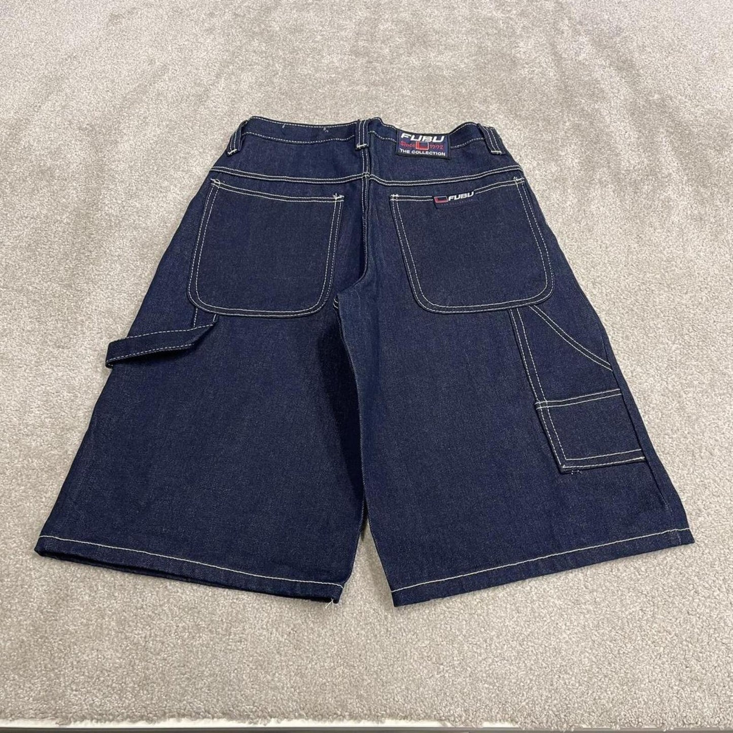 Baggy denim carpenter shorts y2k navy blue Thick denim cargo festival shorts with FUBU details