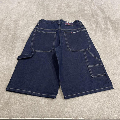Baggy denim carpenter shorts y2k navy blue Thick denim cargo festival shorts with FUBU details