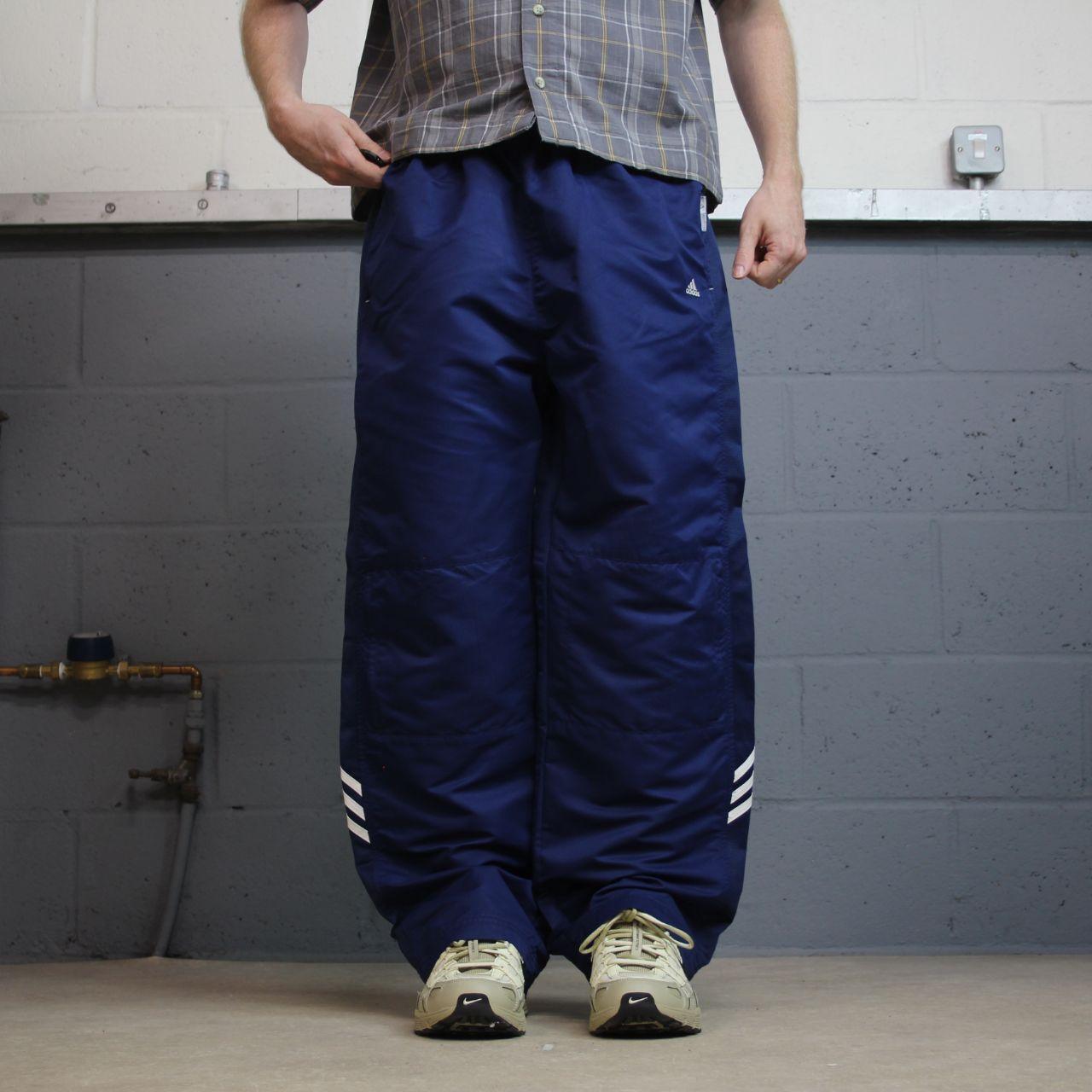 Adidas baggy tracksuit bottoms y2k L navy side stripe design embroidered logo track pants