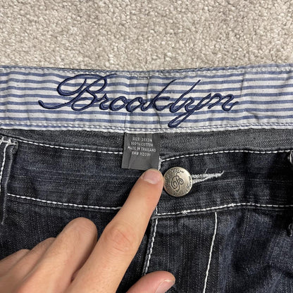 Y2K Brooklyn Xpress baggy jeans wide leg navy blue denim Loose leg surf style pants, embroidered