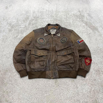 Vintage leather flight aviator bomber jacket brown Fiori boxy genuine leather A-2 style flying coat