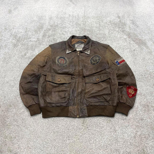 Vintage leather flight aviator bomber jacket brown Fiori boxy genuine leather A-2 style flying coat