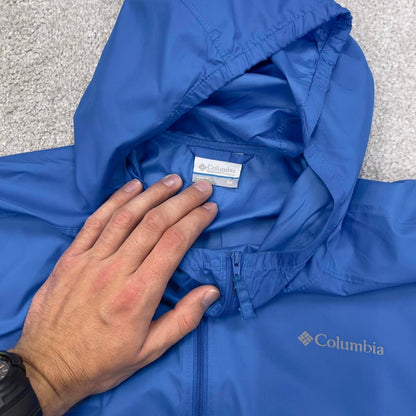 Blue Navy Columbia technical jacket M men's y2k style unlined hooded adjustable windbreaker autumn