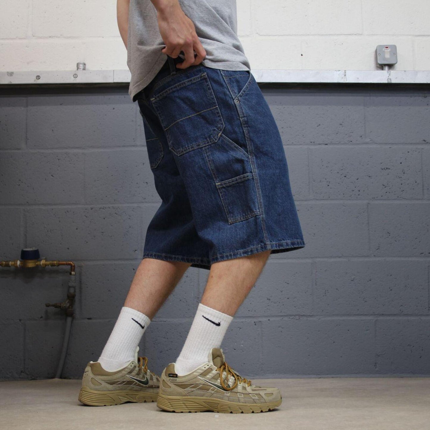 Denim carpenter shorts loose leg blue George skater style summer festival cargo jorts
