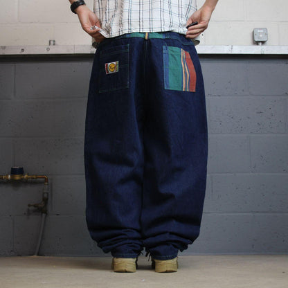 Xtasy extra baggy jeans y2k W44L38 navy blue Wide leg long skater style pants deck chair stripes