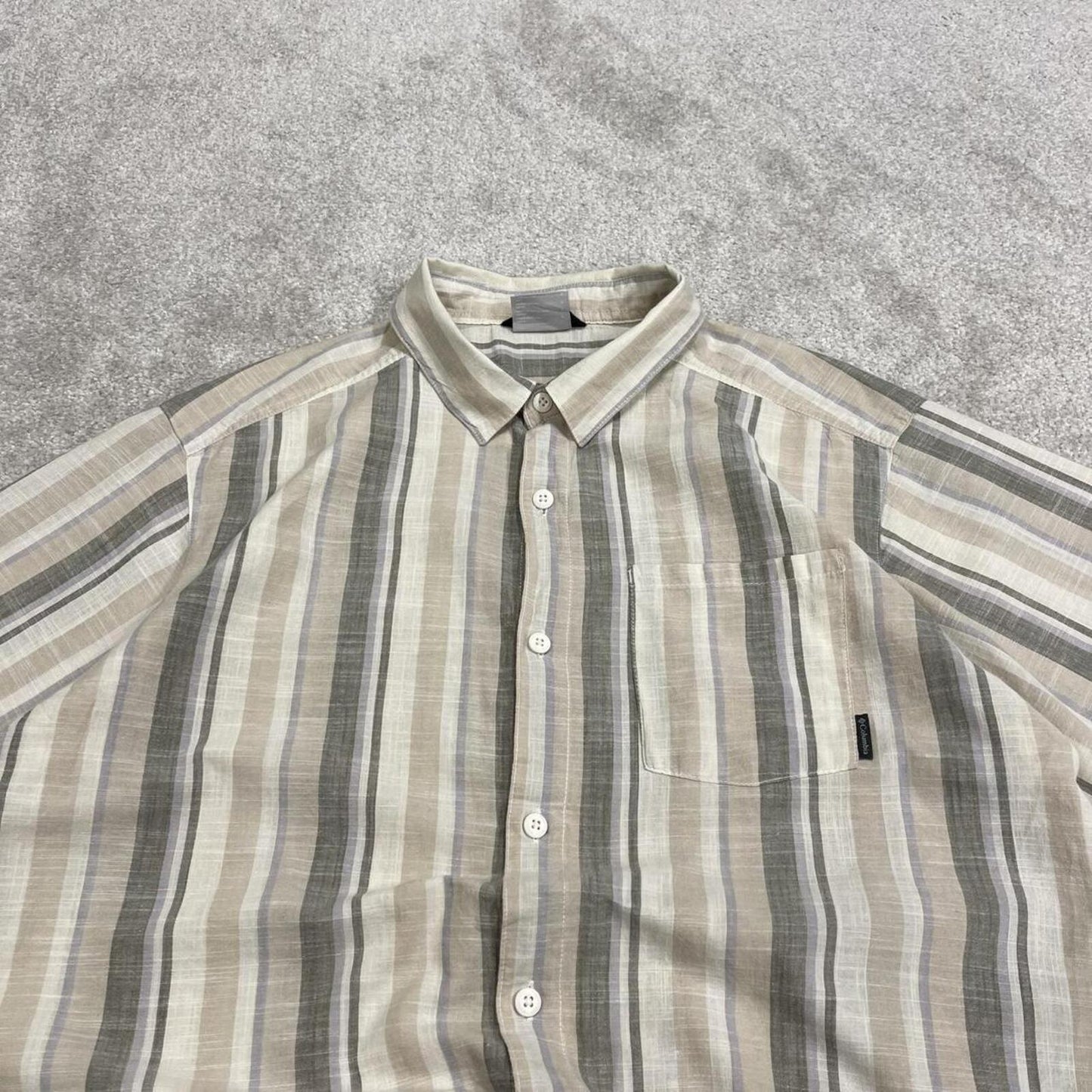 Columbia striped short sleeve shirt beige green Surf style stripey shirt summer festival