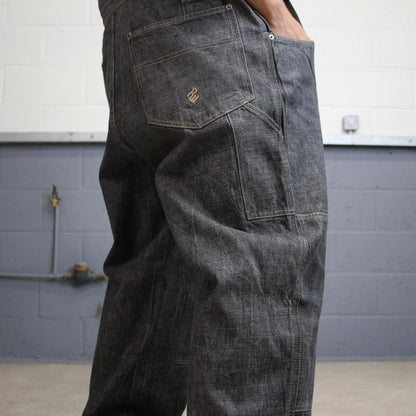 Baggy Rocawear dungarees W42L34 black grey embroidered y2k style overalls vintage denim double knees