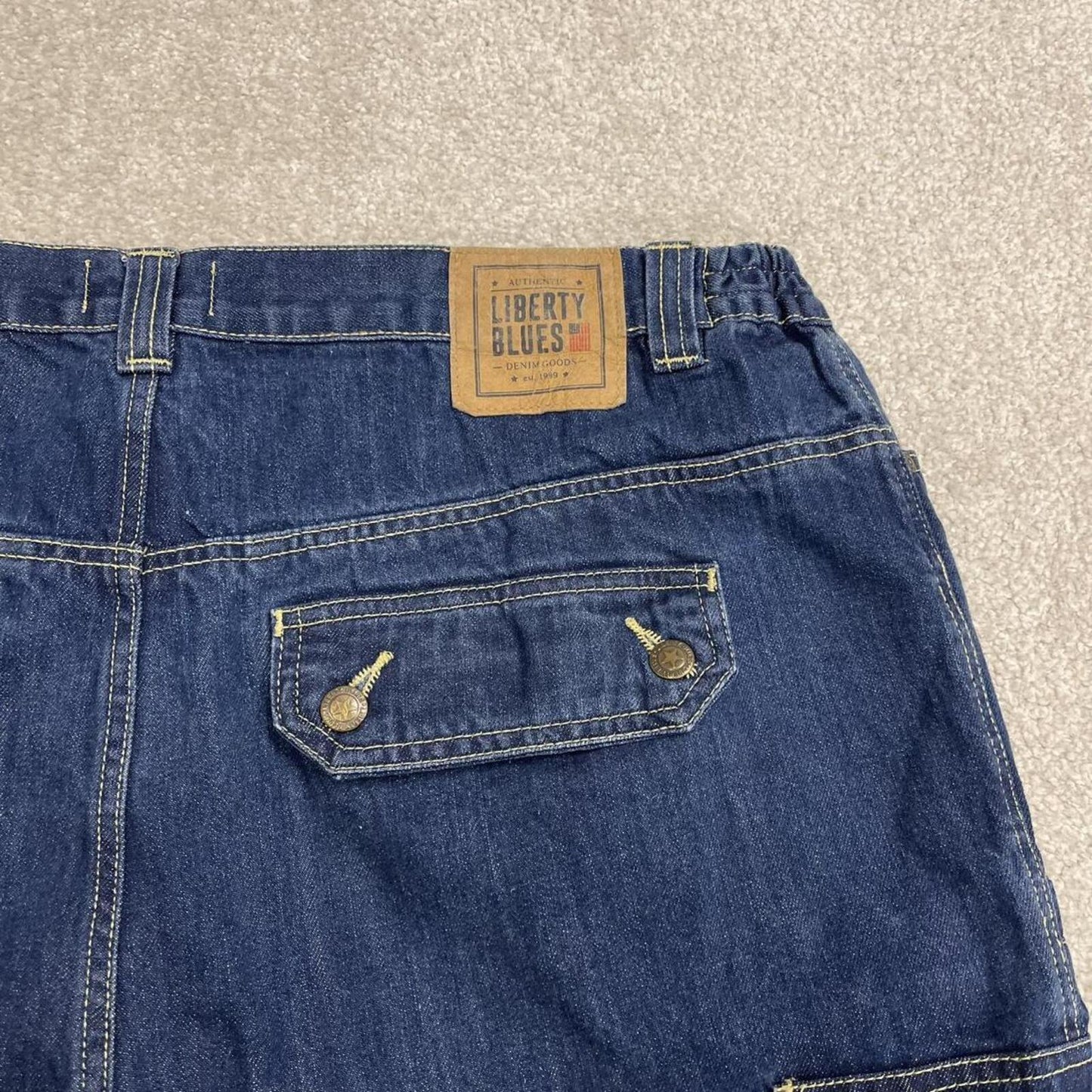 Long extra baggy denim cargo shorts blue Liberty Blues skater style carpenter jorts