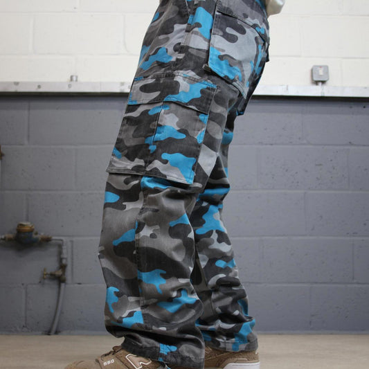 Baggy camo Access cargo pants W34L32 blue grey tiger camouflage y2k style cargos adjustable cuffs