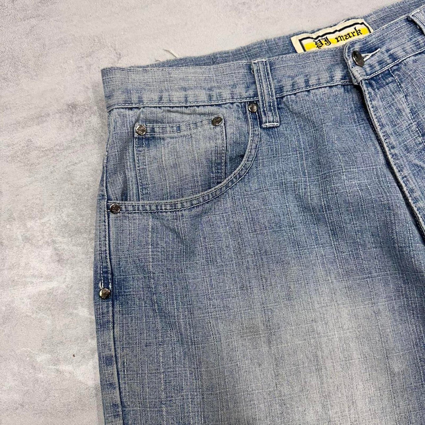Baggy PJ Mark skate style Jorts W38 wide leg denim 90s style skater shorts stitch designs