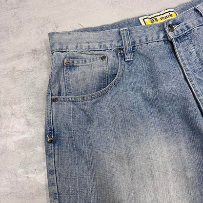 Baggy PJ Mark skate style Jorts W38 wide leg denim 90s style skater shorts stitch designs