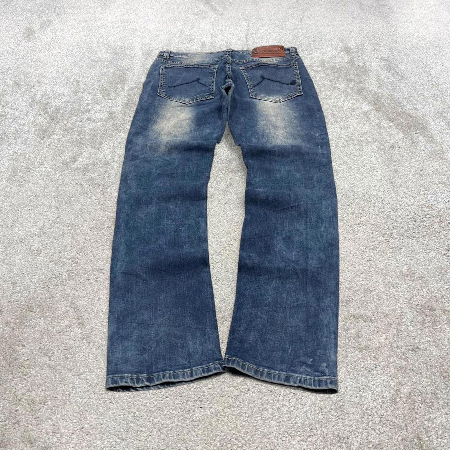 Y2k 00s embroidered Rocawear jeans W32L32 skinny blue denim stitch distressed skate style hip hop