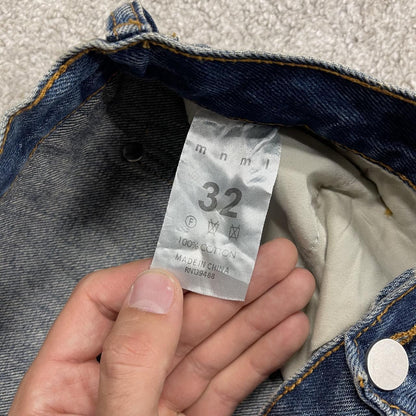 Y2K mnml bootcut jeans W32L36 patch work blue denim Slightly flared carpenter jeans reworked style