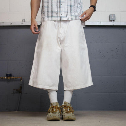 Y2K long baggy embroidered denim shorts white Wckd denim skater style brand surf jorts