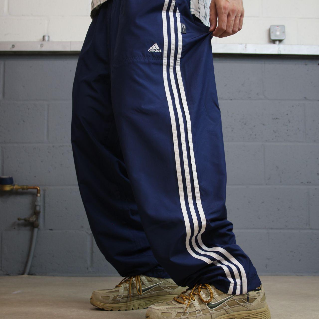 Y2K baggy Adidas tracksuit bottoms navy XL Loose leg mesh lined side stripe track