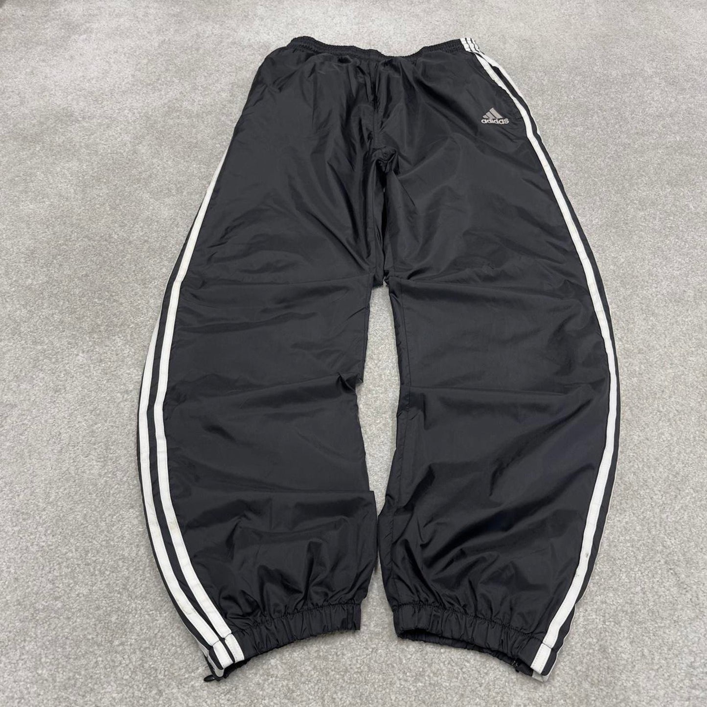 Black Adidas tracksuit bottoms Large y2k style sportswear track pants side stripe design