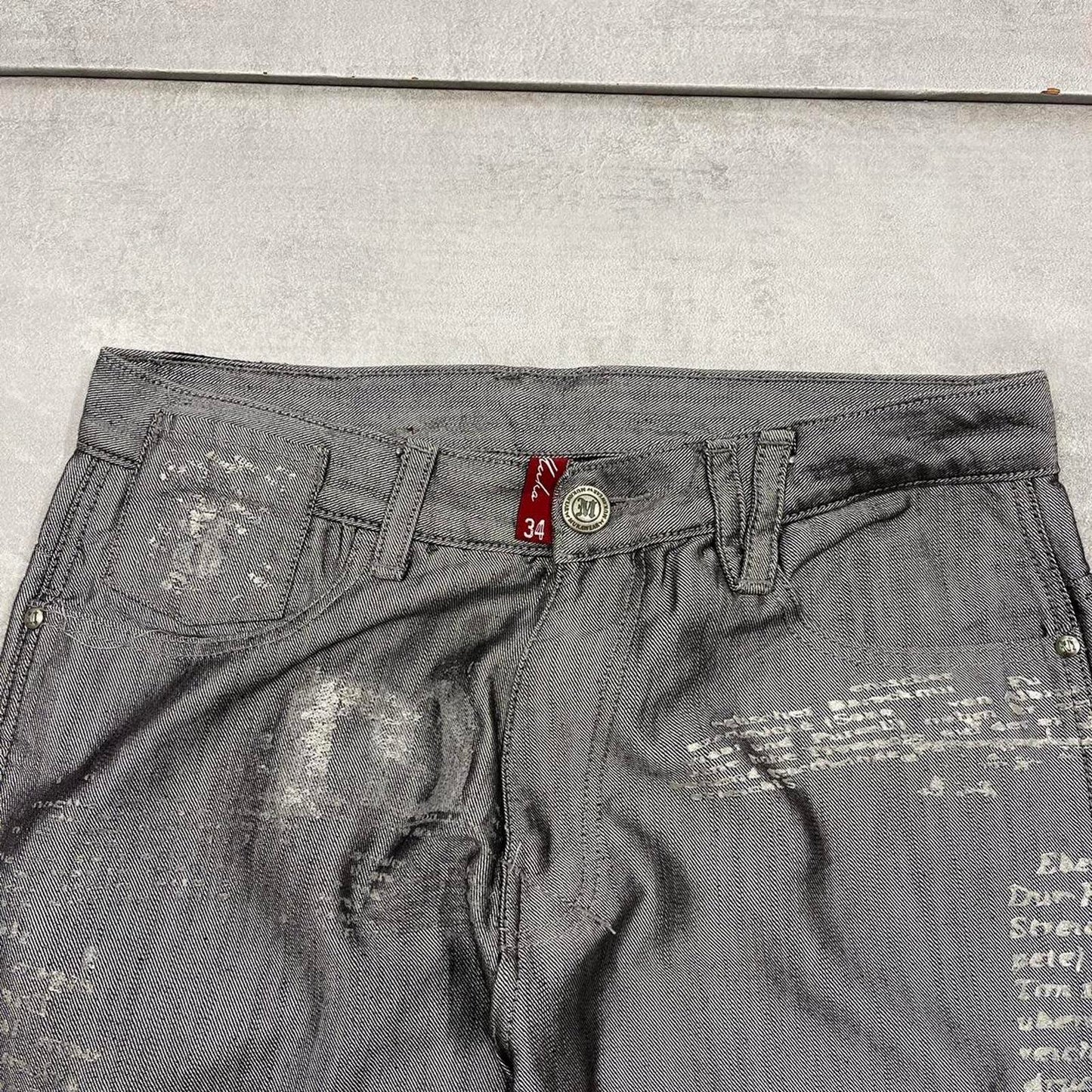 Silver Muka Wear jeans W34 straight fit denim hip hop Y2K print design jeans