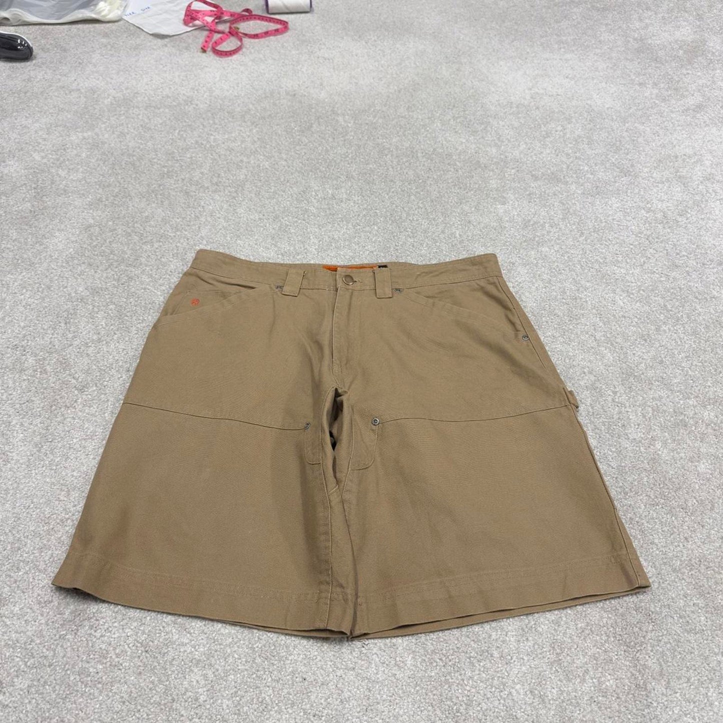 Y2k baggy carpenter shorts skater style tan Jesse James canvas wide leg summer festival jorts