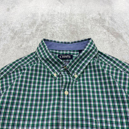 00s checkered Chaps technical shirt 2XL men's green long sleeve button up autumn y2k style