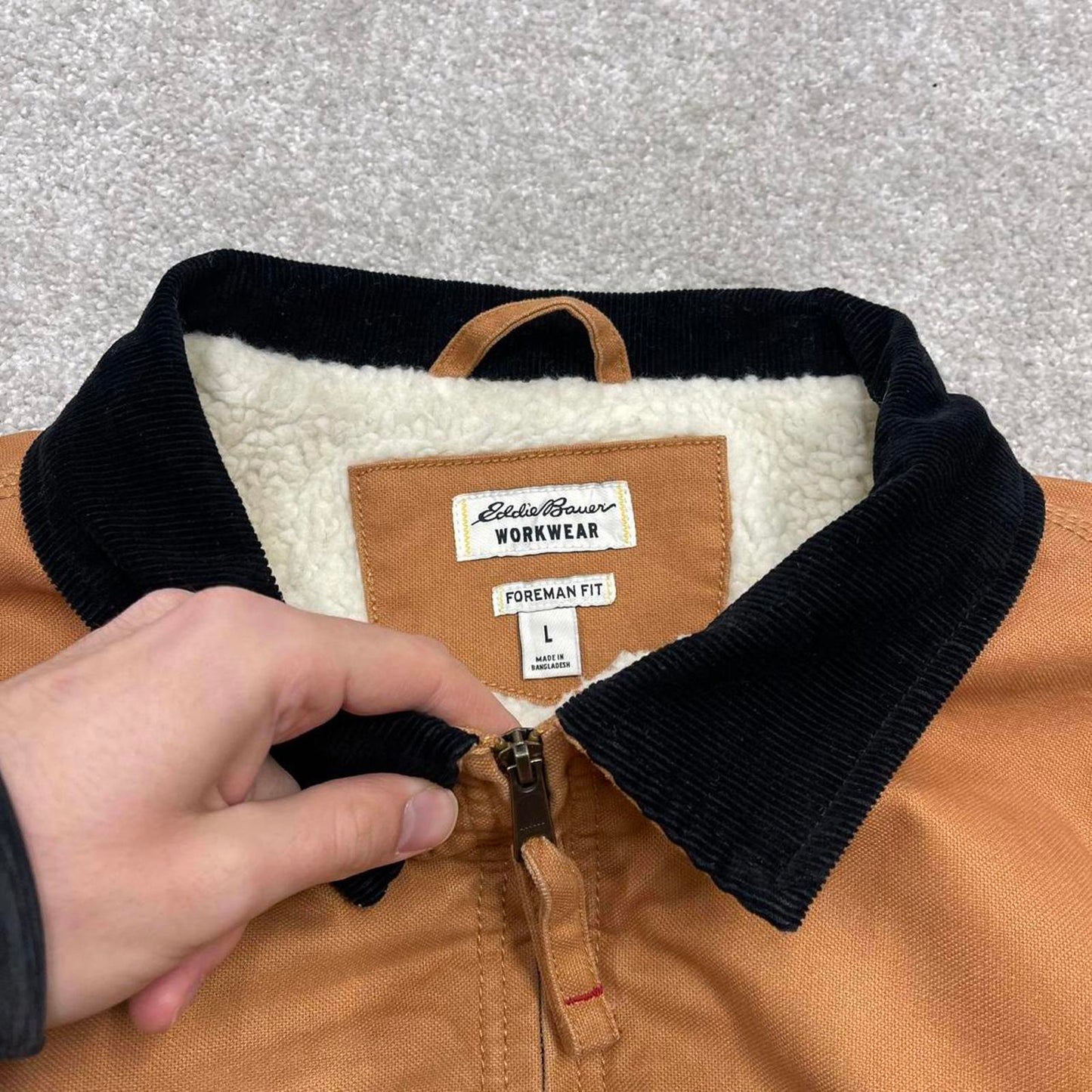90s Vintage Detroit style workwear jacket Eddie Bauer large tan canvas 90s style bomber
