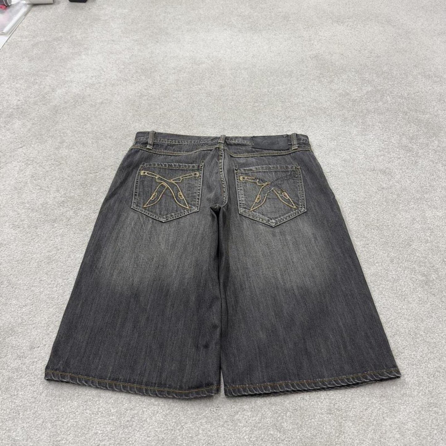 Baggy long denim shorts y2k black Artful Dodger skater style brand surf jorts