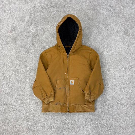 Vintage Kids Carhartt hooded active jacket Small (7-8) tan canvas 90s style quilt lined active