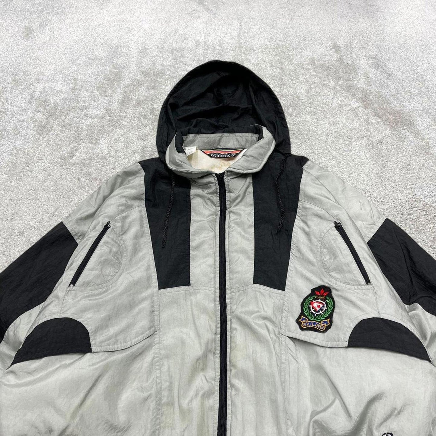 Vintage y2k hooded technical windbreaker jacket grey Athletica insulated hooded coat logo