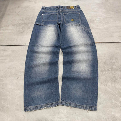 90s baggy carpenter skate jeans W34L34 PJ Mark blue wide leg denim 90s style skater pants casual