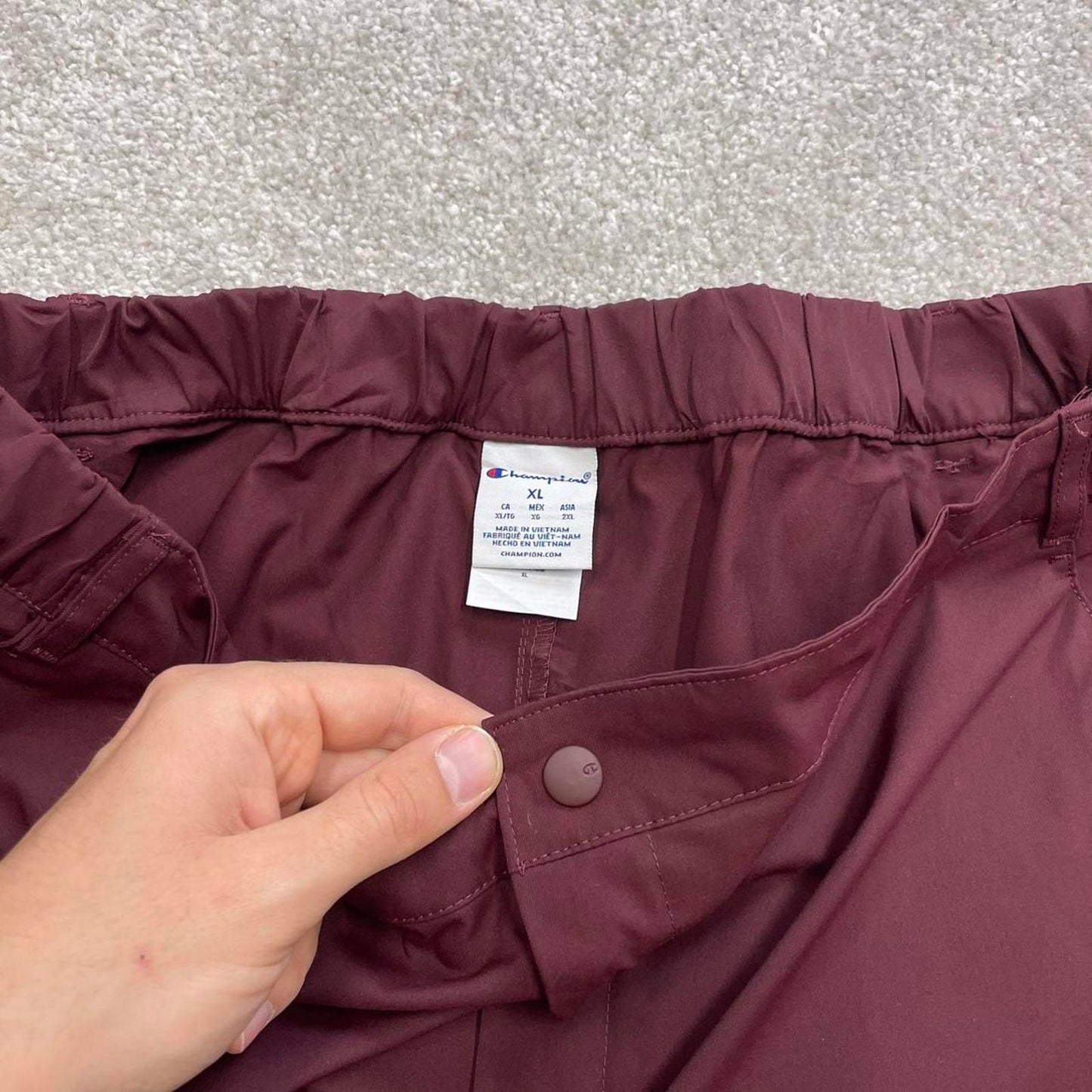 Burgundy Champion trackies XL loose y2k technical style joggers print logo track pants