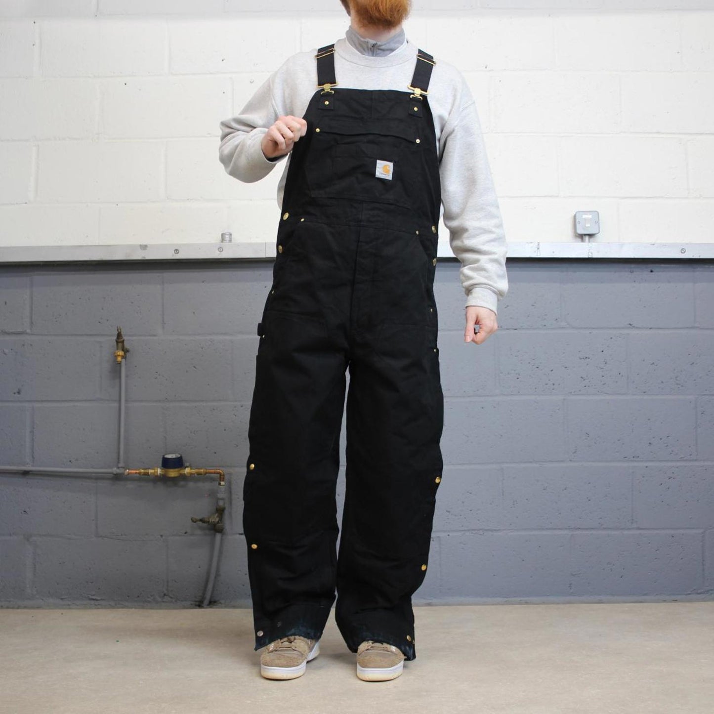 Vintage y2k baggy Carhartt dungarees wide leg black Quilted canvas bib & brace overalls workwear