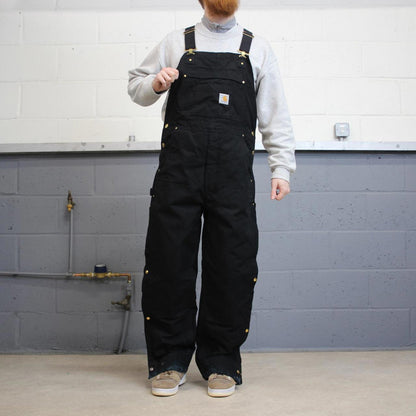 Vintage y2k baggy Carhartt dungarees wide leg black Quilted canvas bib & brace overalls workwear