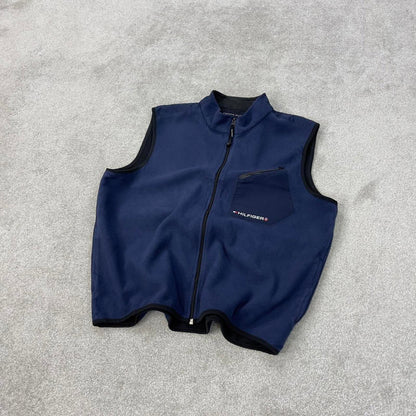 Tommy Hilfiger technical fleece gilet Large Y2K navy full zip up spellout logo