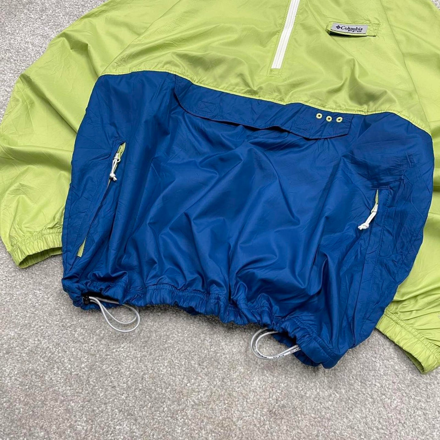 Y2K Columbia PFG technical windbreaker jacket green blue Lightweight packable hooded coat adjustable