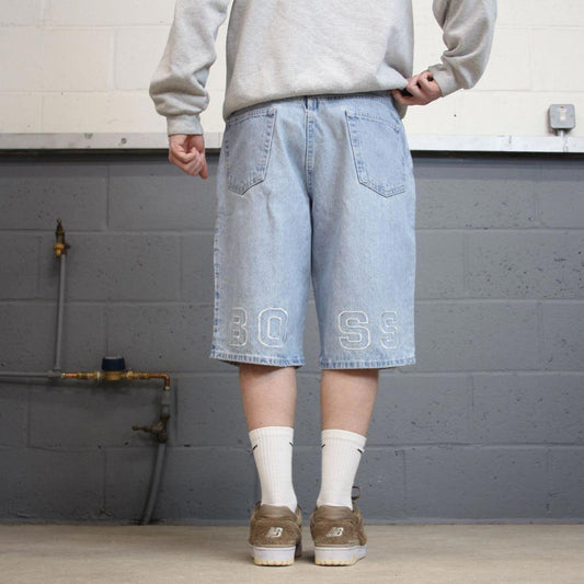 Vintage y2k baggy BOSS denim shorts skater style blue Loose embroidered summer festival shorts