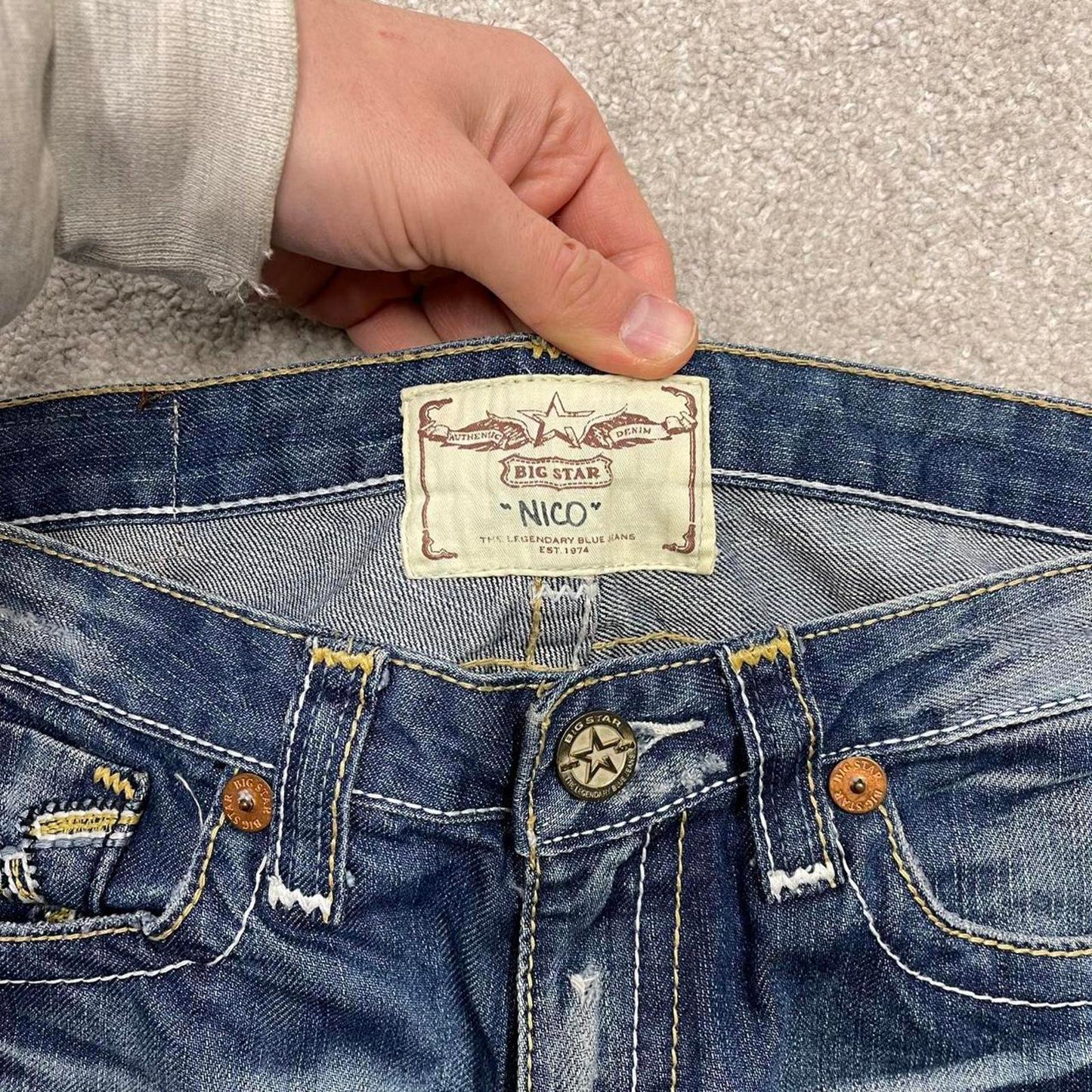 Y2k embroidered big star jeans blue Straight slim 00s style denim pants waist patch logo