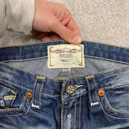 Y2k embroidered big star jeans blue Straight slim 00s style denim pants waist patch logo