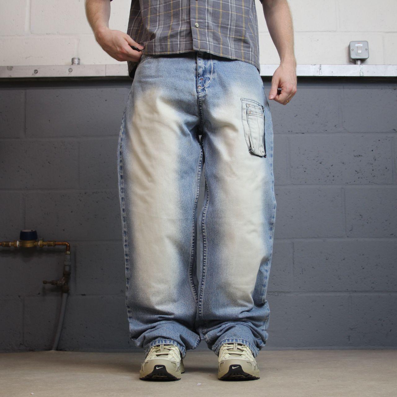 Akademiks baggy jeans y2k washed blue W32L34 Wide leg heavy denim utility pockets cargo skater pant