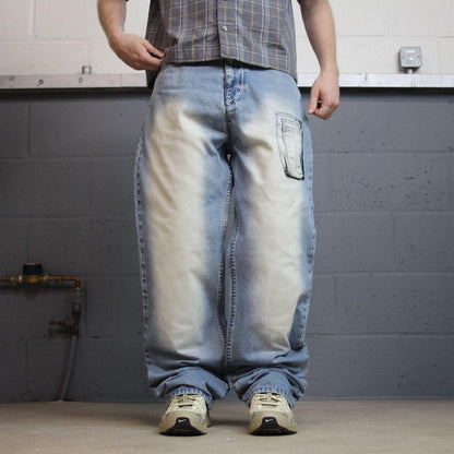 Akademiks baggy jeans y2k washed blue W32L34 Wide leg heavy denim utility pockets cargo skater pant