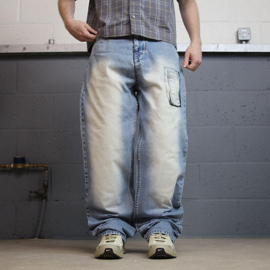 Akademiks baggy jeans y2k washed blue W32L34 Wide leg heavy denim utility pockets cargo skater pant