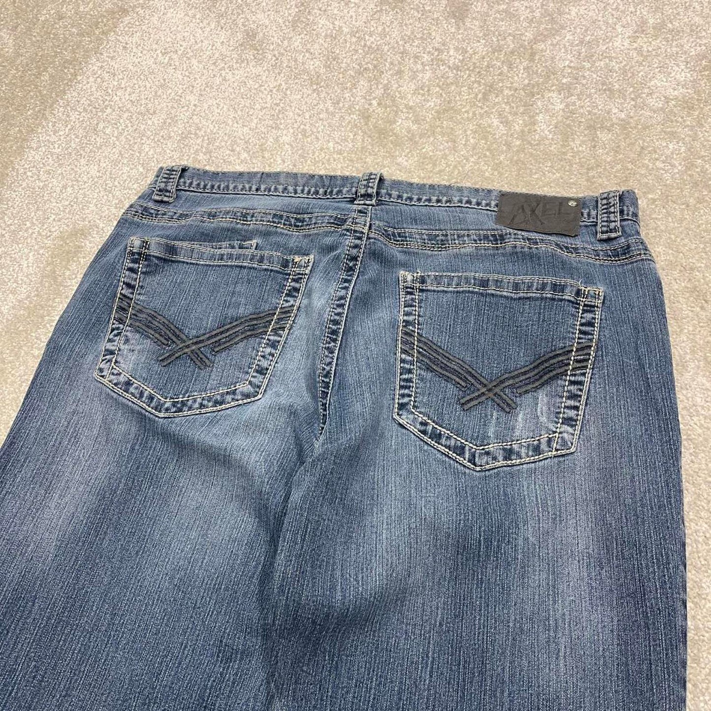 Y2k embroidered Axel bootcut jeans W38L32 blue denim stitched 00s skate style pants