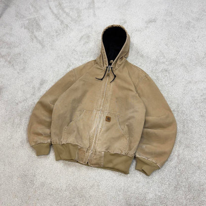 Vintage sand brown Carhartt hooded active jacket Medium technical canvas 90s style skater bomber