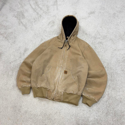 Vintage sand brown Carhartt hooded active jacket Medium technical canvas 90s style skater bomber