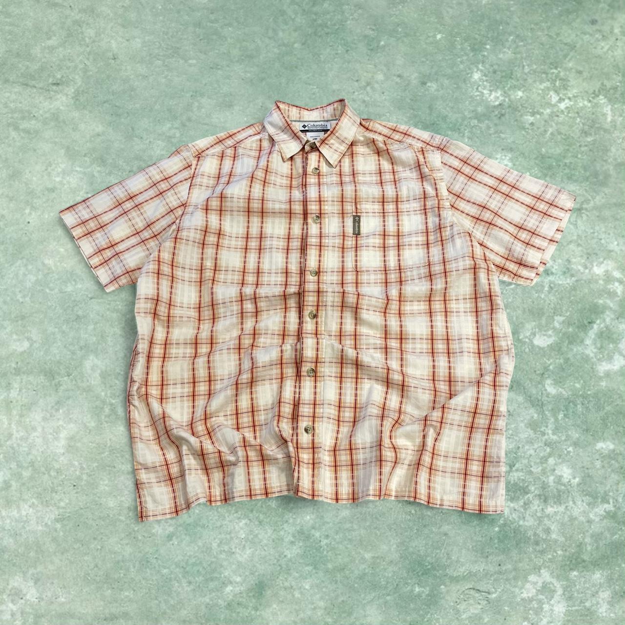 Columbia checkered short sleeve shirt y2k beige red Festival style button down summer shirt