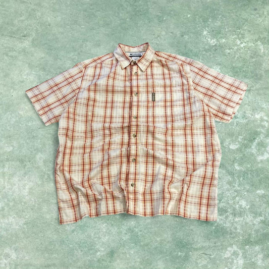 Columbia checkered short sleeve shirt y2k beige red Festival style button down summer shirt