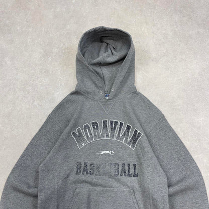 Grey vintage Russel hoodie Medium thick pullover jumper Moravian basketball spellout print design