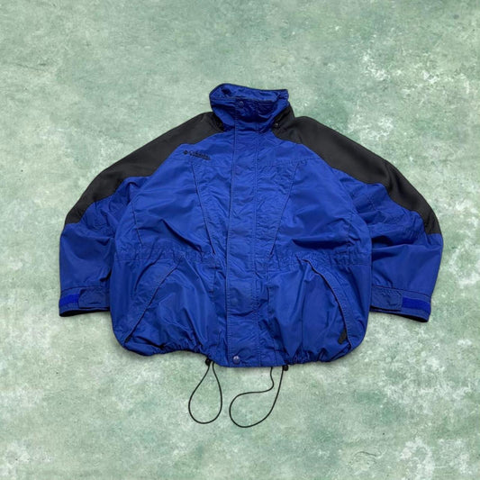 Y2K Columbia technical windbreaker jacket navy Adjustable walking tech coat with black panels